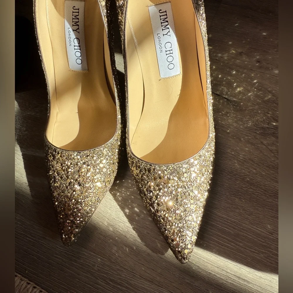 Jimmy Choo Classic Sparkling Glitter Gold Abel Heels - Picture 10 of 12